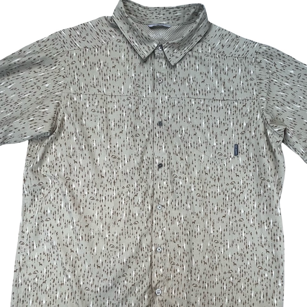 Columbia Mens Button Up Shirt Tan Outdoor‎ Tree Deer Print Hiking Fishing XL